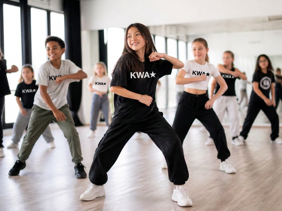 Young dancers learning high-energy commercial choreography in a studio